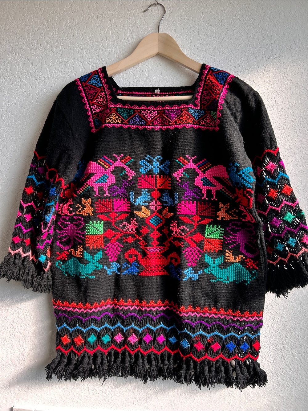 Handcrafted Tomicoton embroidered Mexican huipil Black Women's Sweater